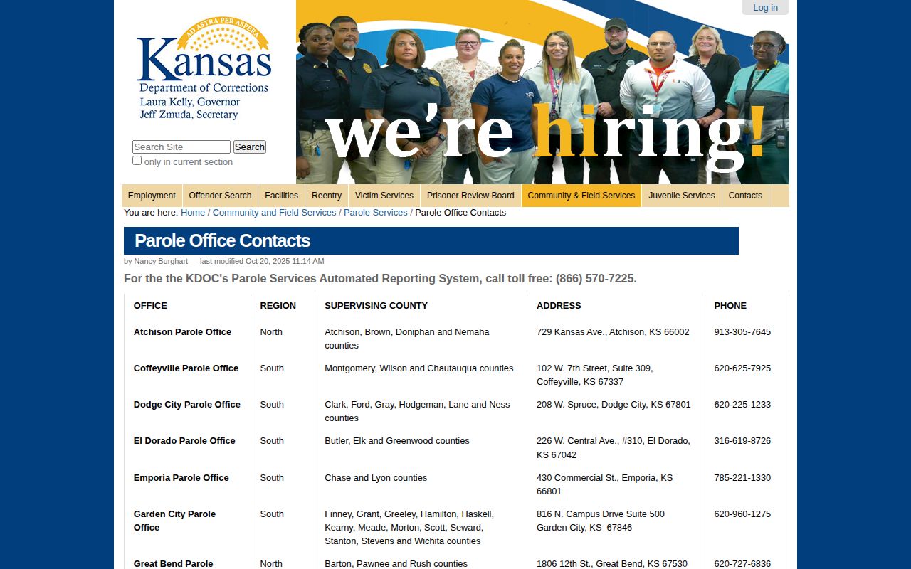 KDOC parole office contact listing for Great Bend