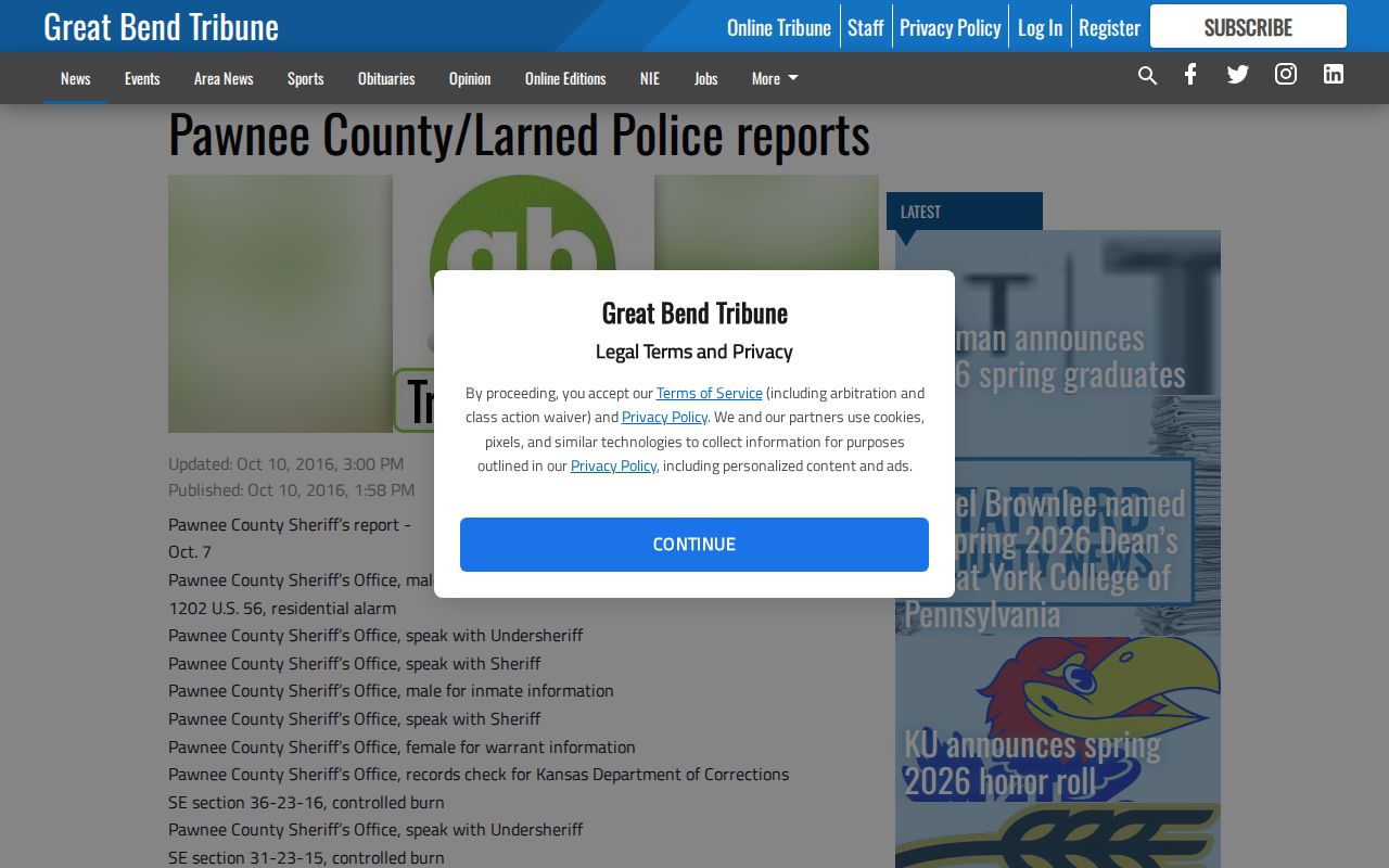 Great Bend Tribune Pawnee County activity report with an aggregate release entry