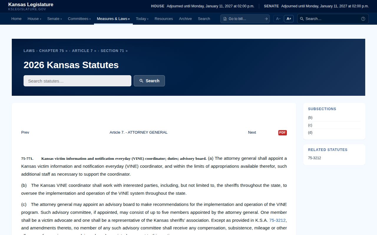 Kansas VINE law for a Pawnee County inmate release check